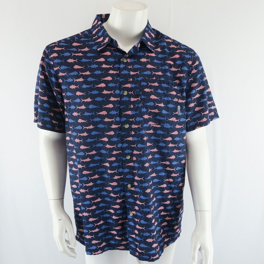 Columbia‎ PFG Short Sleeve Men's Fishing Vented Shirt Size M USA Patriotic Fish